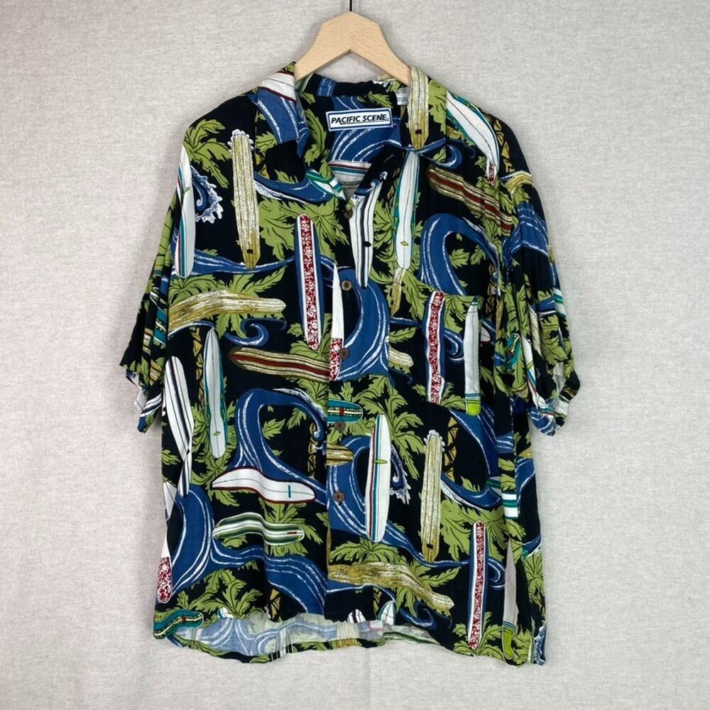 Vintage 90s Pacific Scene Men Button Up Hawaiian Shirt Size L Surf Boards Surfer